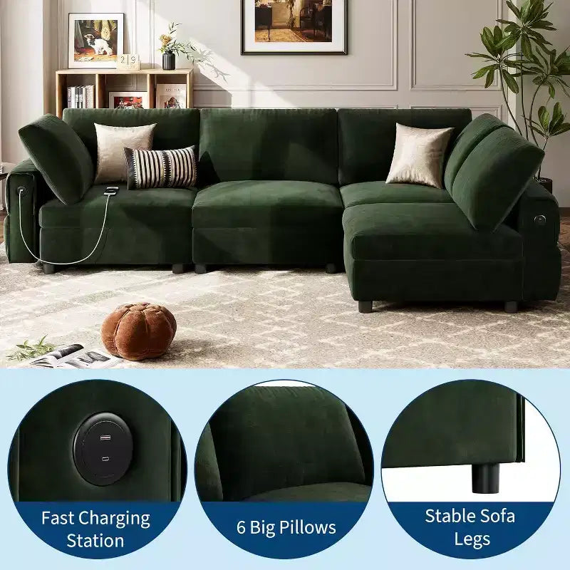 Divano Sezionale a L in Velluto, 4 Posti con Ricarica USB, 6 Cuscini, Divano Convertibile Cloud, Verde