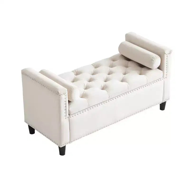 Panca contenitore capitonné in velluto con braccioli, panca imbottita per ingresso e camera da letto, color crema