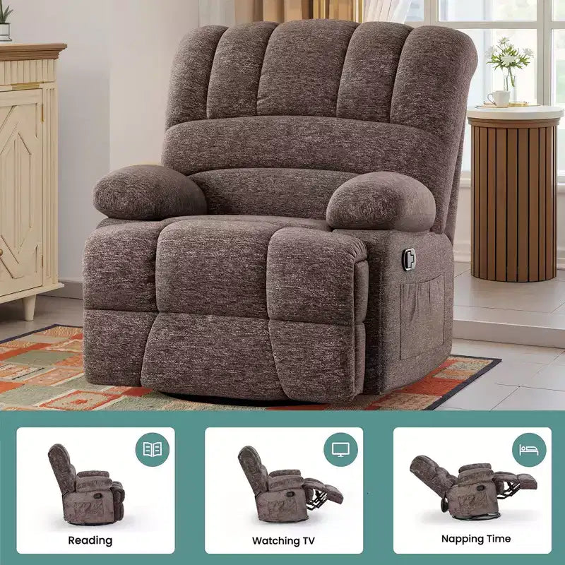 Poltrona reclinabile girevole oversize per adulti, marrone, portata 158 kg, per soggiorno