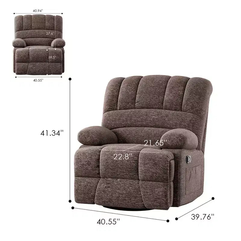 Poltrona reclinabile girevole oversize per adulti, marrone, portata 158 kg, per soggiorno