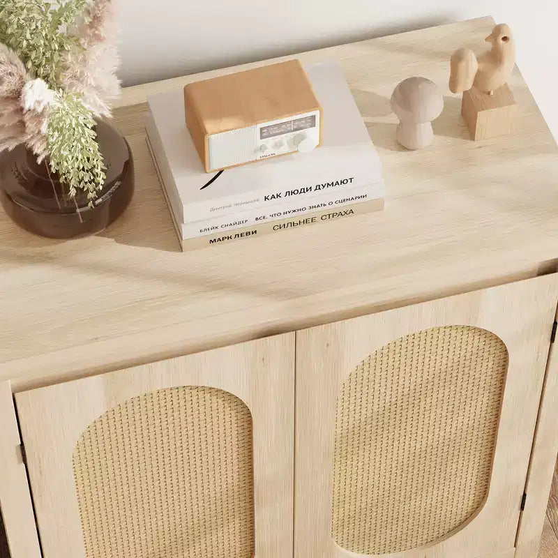 Madia Buffet Mid-Century da 30 pollici - Mobile Contenitore Retrò con Ante in Rattan e Ripiani Regolabili, Consolle d'Accento Boho Chic per Soggiorno