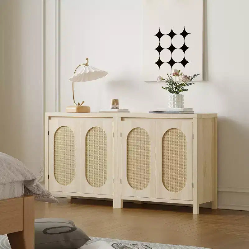 Madia Buffet Mid-Century da 30 pollici - Mobile Contenitore Retrò con Ante in Rattan e Ripiani Regolabili, Consolle d'Accento Boho Chic per Soggiorno