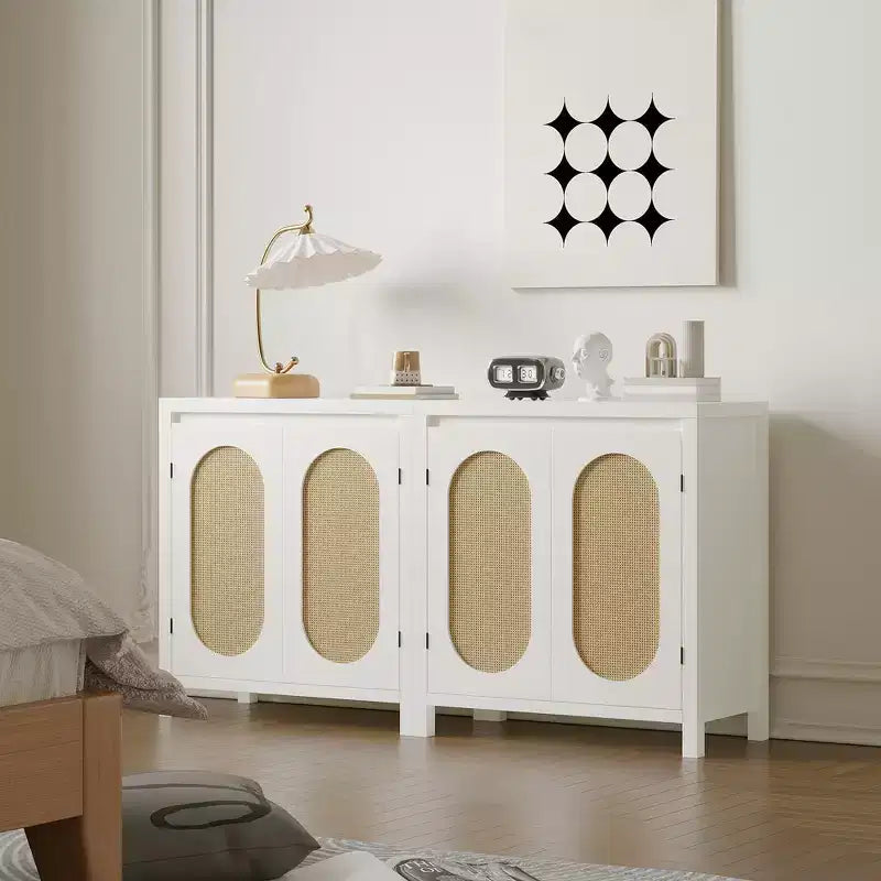 Madia Buffet Mid-Century da 30 pollici - Mobile Contenitore Retrò con Ante in Rattan e Ripiani Regolabili, Consolle d'Accento Boho Chic per Soggiorno