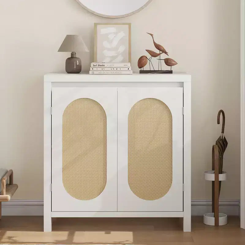 Madia Buffet Mid-Century da 30 pollici - Mobile Contenitore Retrò con Ante in Rattan e Ripiani Regolabili, Consolle d'Accento Boho Chic per Soggiorno