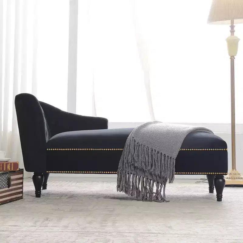 Chaise longue in velluto da 58'', poltrona da salotto con bracciolo destro, capitonné, bordo con borchie e gambe in legno massello per soggiorno o ufficio