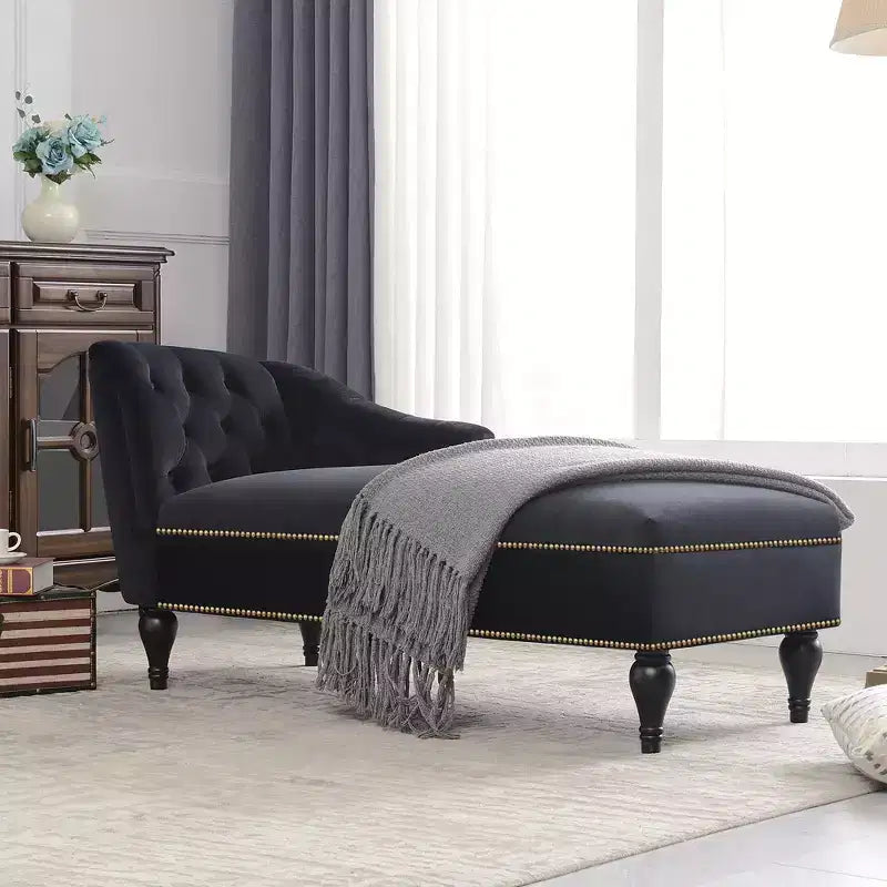 Chaise longue in velluto da 58'', poltrona da salotto con bracciolo destro, capitonné, bordo con borchie e gambe in legno massello per soggiorno o ufficio
