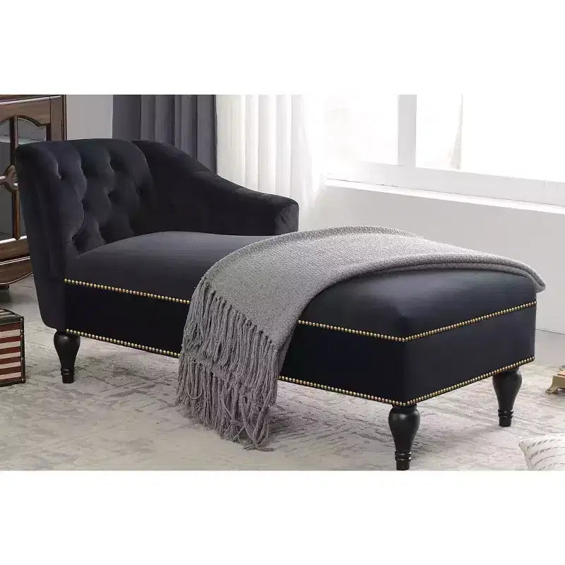 Chaise longue in velluto da 58'', poltrona da salotto con bracciolo destro, capitonné, bordo con borchie e gambe in legno massello per soggiorno o ufficio
