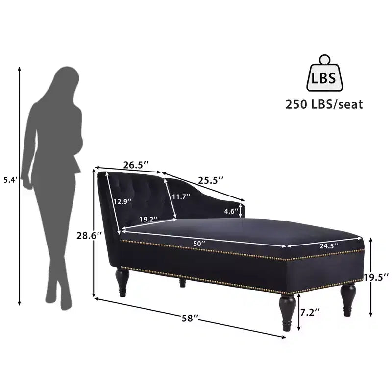 Chaise longue in velluto da 58'', poltrona da salotto con bracciolo destro, capitonné, bordo con borchie e gambe in legno massello per soggiorno o ufficio