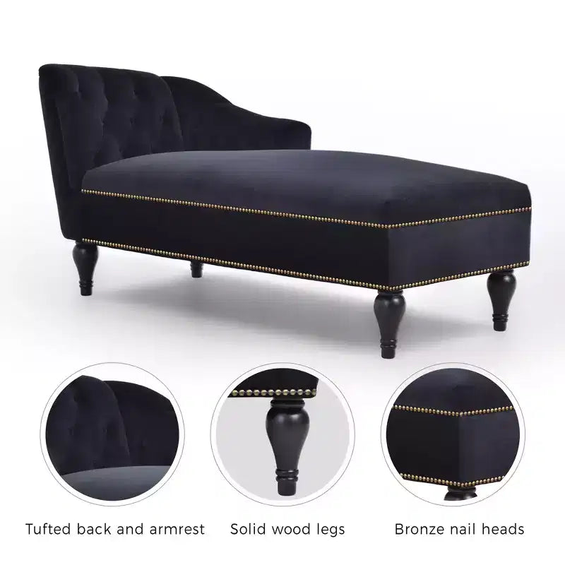 Chaise longue in velluto da 58'', poltrona da salotto con bracciolo destro, capitonné, bordo con borchie e gambe in legno massello per soggiorno o ufficio