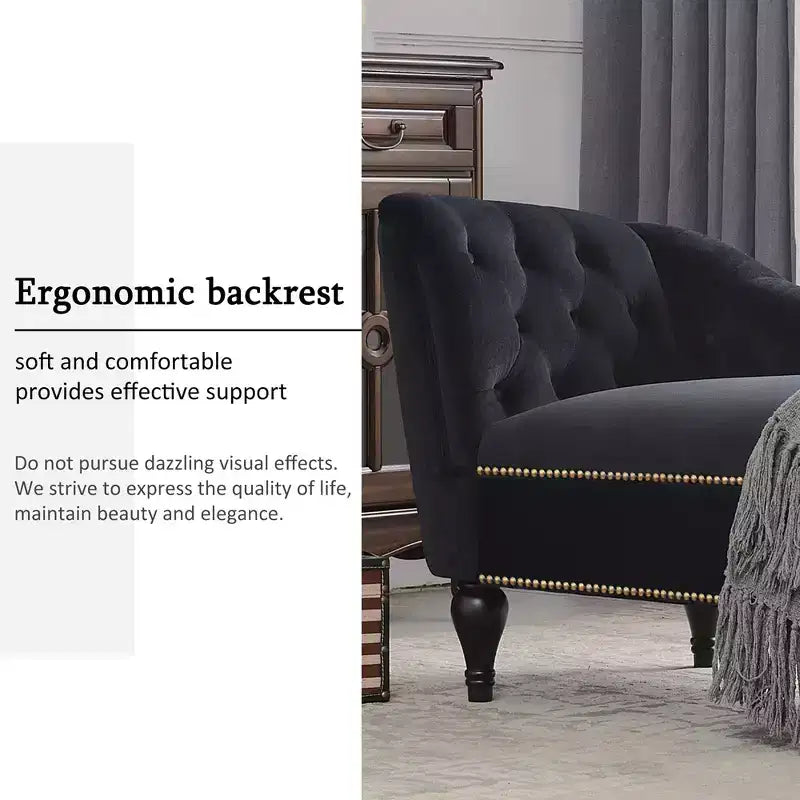 Chaise longue in velluto da 58'', poltrona da salotto con bracciolo destro, capitonné, bordo con borchie e gambe in legno massello per soggiorno o ufficio