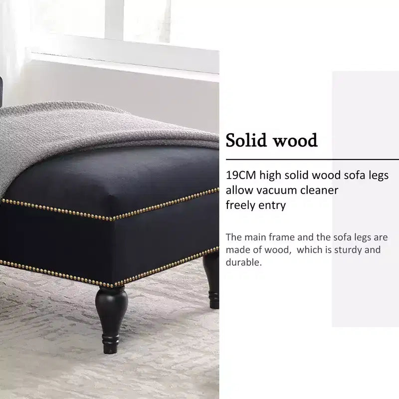 Chaise longue in velluto da 58'', poltrona da salotto con bracciolo destro, capitonné, bordo con borchie e gambe in legno massello per soggiorno o ufficio