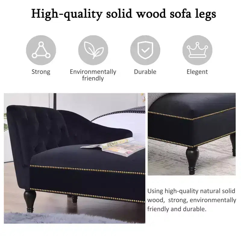 Chaise longue in velluto da 58'', poltrona da salotto con bracciolo destro, capitonné, bordo con borchie e gambe in legno massello per soggiorno o ufficio