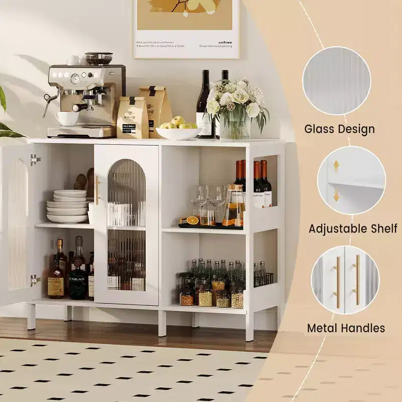 Madia moderna, Credenza a buffet con ante in vetro e ripiani regolabili, Mobile contenitore in legno con maniglie in metallo per soggiorno, cucina