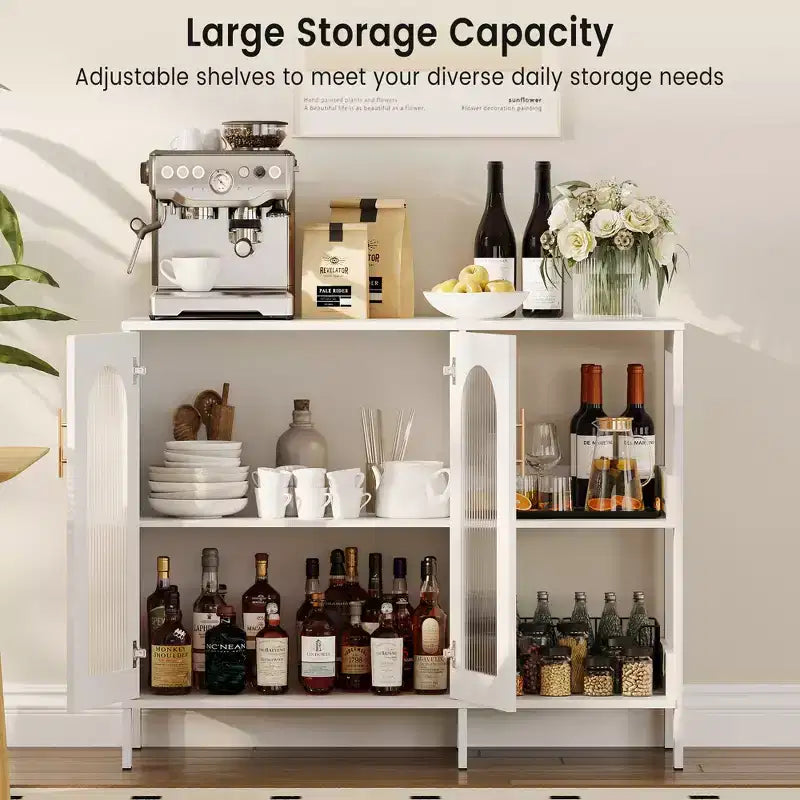 Madia moderna, Credenza a buffet con ante in vetro e ripiani regolabili, Mobile contenitore in legno con maniglie in metallo per soggiorno, cucina
