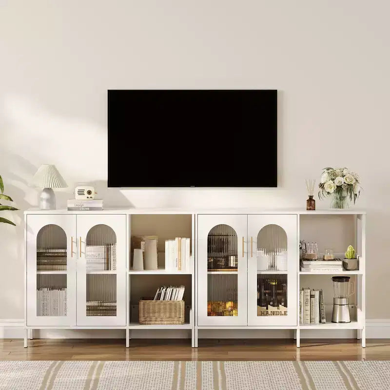 Madia moderna, Credenza a buffet con ante in vetro e ripiani regolabili, Mobile contenitore in legno con maniglie in metallo per soggiorno, cucina