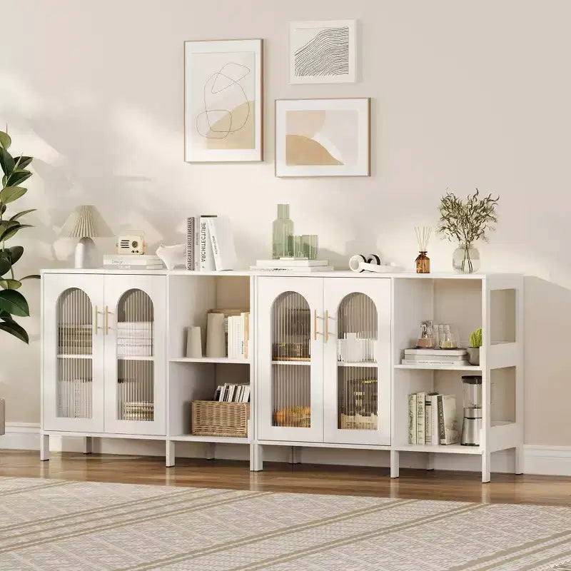 Madia moderna, Credenza a buffet con ante in vetro e ripiani regolabili, Mobile contenitore in legno con maniglie in metallo per soggiorno, cucina