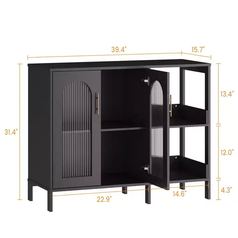 Madia moderna, Credenza a buffet con ante in vetro e ripiani regolabili, Mobile contenitore in legno con maniglie in metallo per soggiorno, cucina