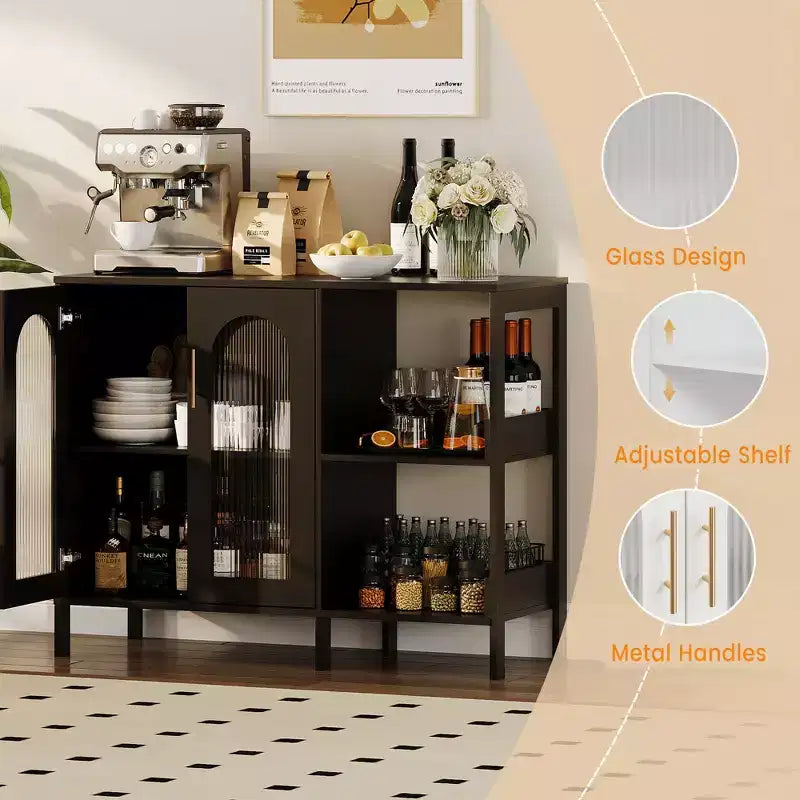 Madia moderna, Credenza a buffet con ante in vetro e ripiani regolabili, Mobile contenitore in legno con maniglie in metallo per soggiorno, cucina