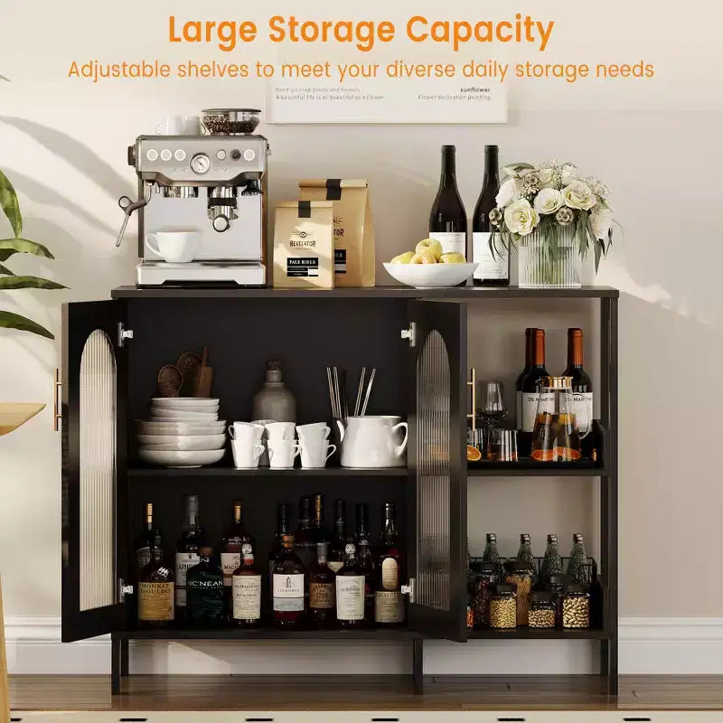 Madia moderna, Credenza a buffet con ante in vetro e ripiani regolabili, Mobile contenitore in legno con maniglie in metallo per soggiorno, cucina