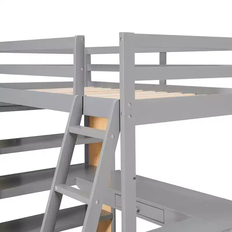 Letto a soppalco con scrivania e mensole, struttura alta in legno massello con cassetti contenitori per la cameretta di bambini e ragazzi