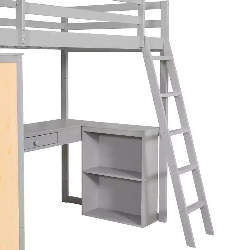 Letto a soppalco con scrivania e mensole, struttura alta in legno massello con cassetti contenitori per la cameretta di bambini e ragazzi