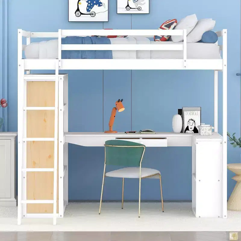 Letto a soppalco con scrivania e mensole, struttura alta in legno massello con cassetti contenitori per la cameretta di bambini e ragazzi