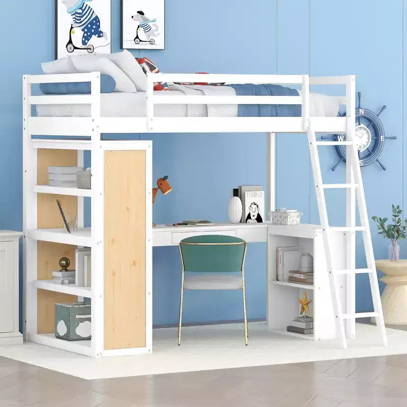 Letto a soppalco con scrivania e mensole, struttura alta in legno massello con cassetti contenitori per la cameretta di bambini e ragazzi