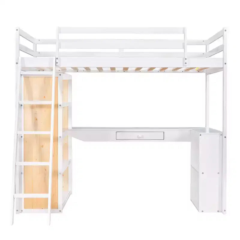 Letto a soppalco con scrivania e mensole, struttura alta in legno massello con cassetti contenitori per la cameretta di bambini e ragazzi