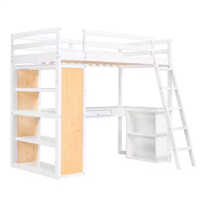 Letto a soppalco con scrivania e mensole, struttura alta in legno massello con cassetti contenitori per la cameretta di bambini e ragazzi
