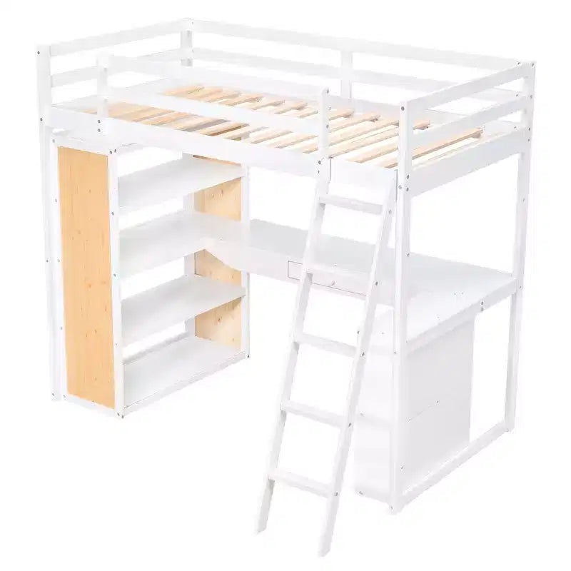 Letto a soppalco con scrivania e mensole, struttura alta in legno massello con cassetti contenitori per la cameretta di bambini e ragazzi