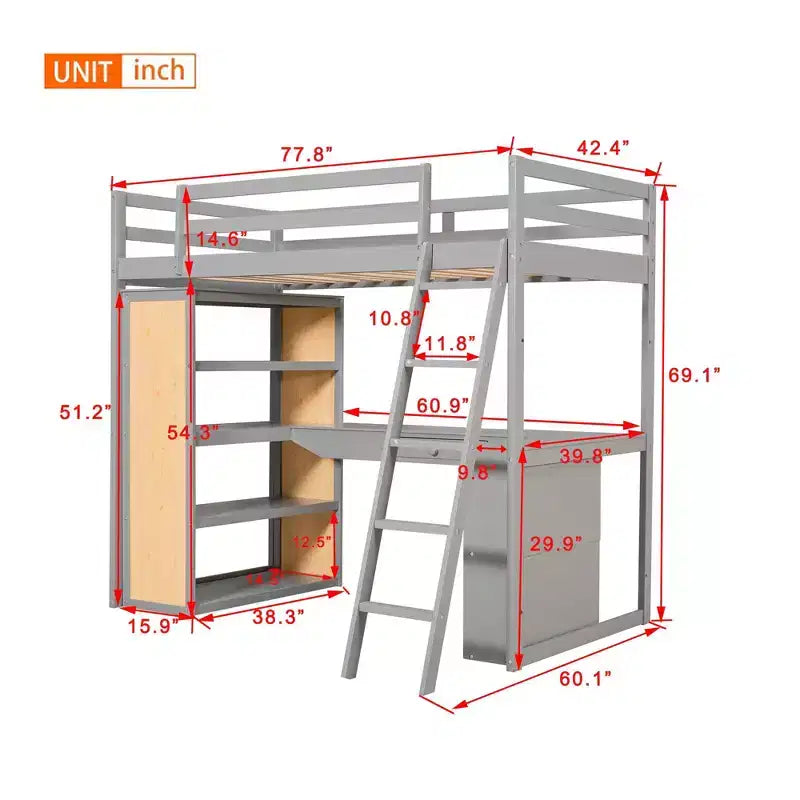 Letto a soppalco con scrivania e mensole, struttura alta in legno massello con cassetti contenitori per la cameretta di bambini e ragazzi
