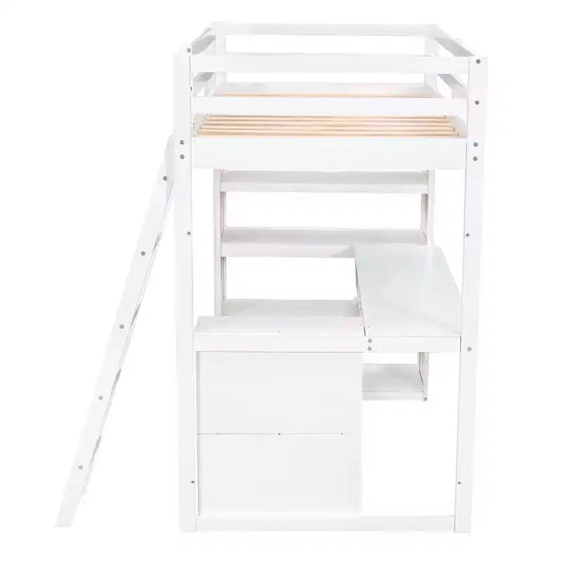 Letto a soppalco con scrivania e mensole, struttura alta in legno massello con cassetti contenitori per la cameretta di bambini e ragazzi