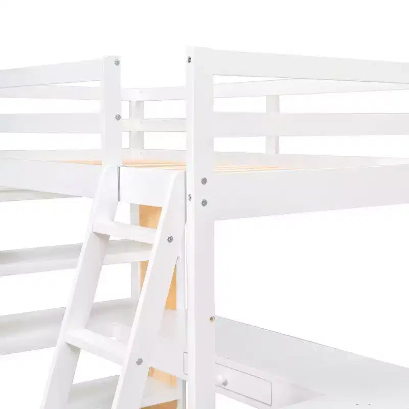 Letto a soppalco con scrivania e mensole, struttura alta in legno massello con cassetti contenitori per la cameretta di bambini e ragazzi