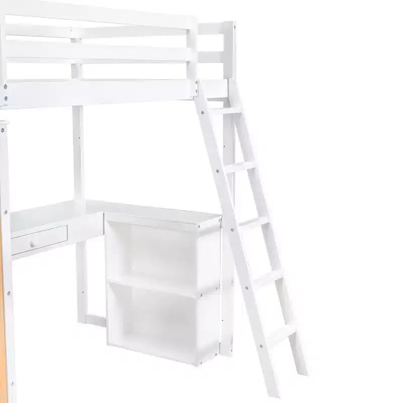 Letto a soppalco con scrivania e mensole, struttura alta in legno massello con cassetti contenitori per la cameretta di bambini e ragazzi