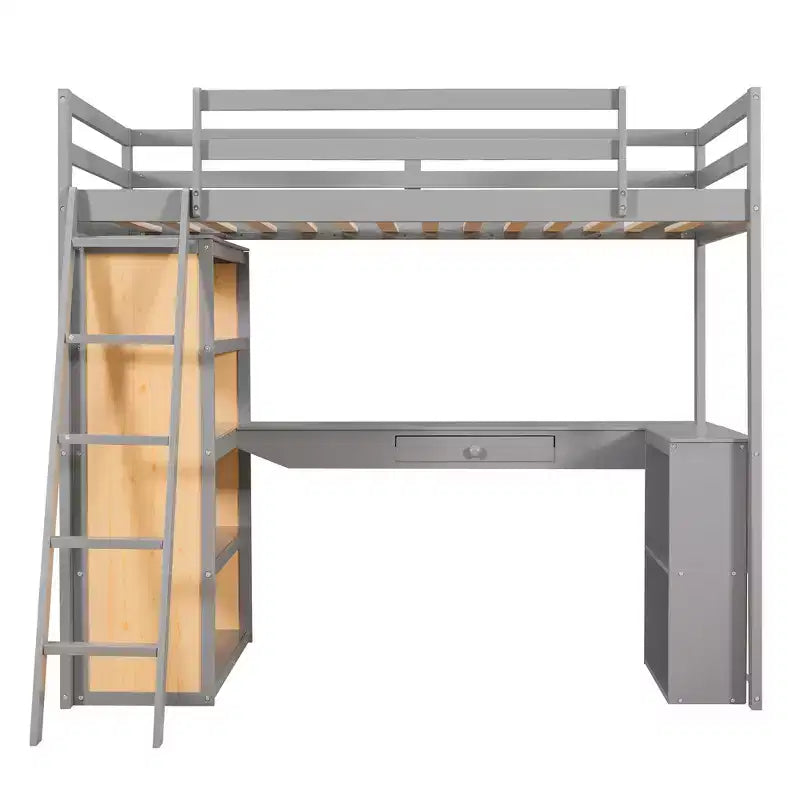 Letto a soppalco con scrivania e mensole, struttura alta in legno massello con cassetti contenitori per la cameretta di bambini e ragazzi