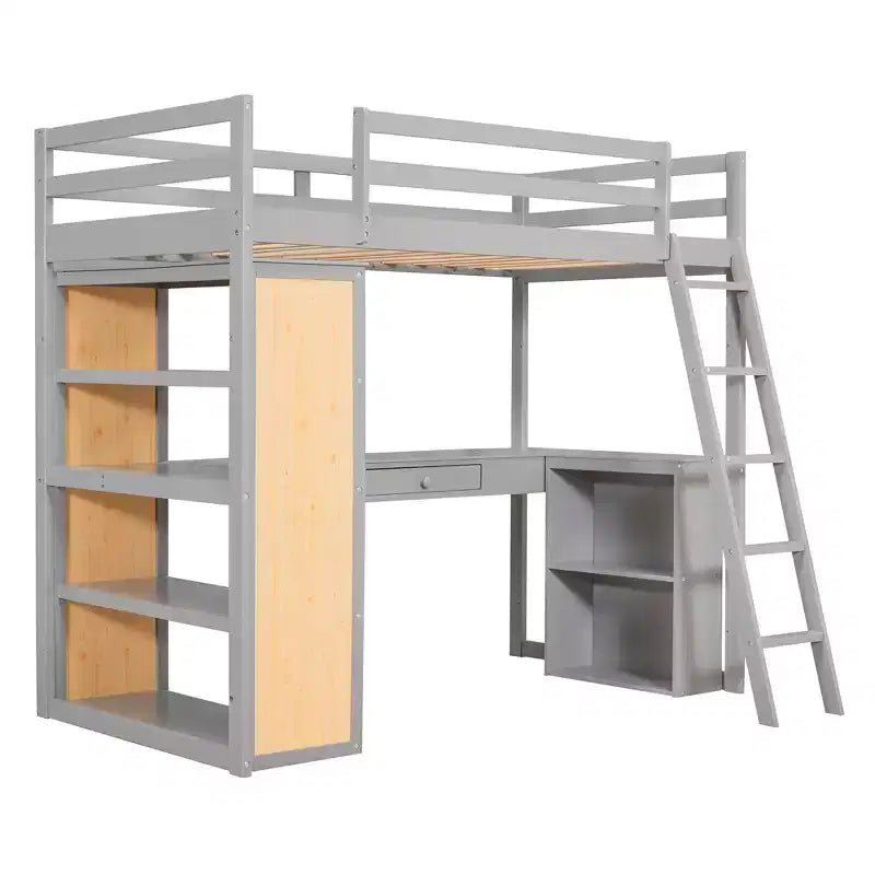 Letto a soppalco con scrivania e mensole, struttura alta in legno massello con cassetti contenitori per la cameretta di bambini e ragazzi