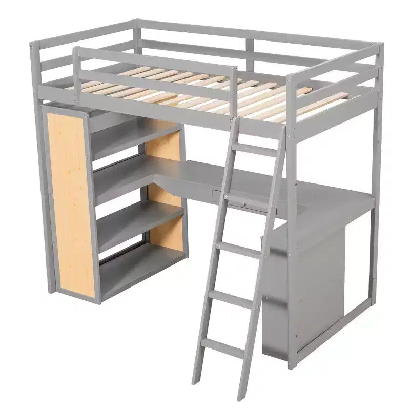 Letto a soppalco con scrivania e mensole, struttura alta in legno massello con cassetti contenitori per la cameretta di bambini e ragazzi
