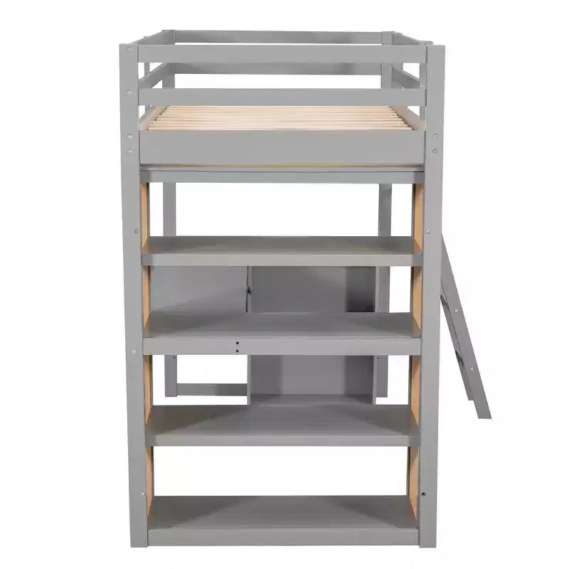Letto a soppalco con scrivania e mensole, struttura alta in legno massello con cassetti contenitori per la cameretta di bambini e ragazzi