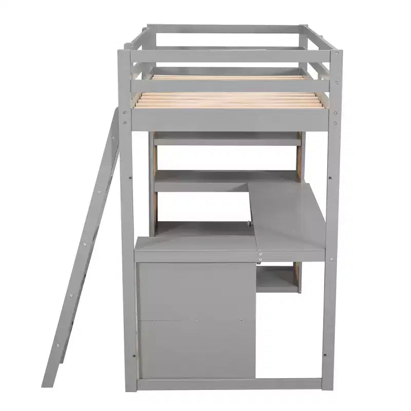 Letto a soppalco con scrivania e mensole, struttura alta in legno massello con cassetti contenitori per la cameretta di bambini e ragazzi