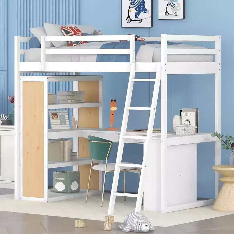 Letto a soppalco con scrivania e mensole, struttura alta in legno massello con cassetti contenitori per la cameretta di bambini e ragazzi