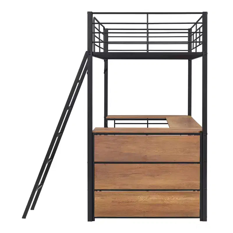 Letto a soppalco in metallo con scrivania e mensole per ragazzi, Struttura letto a soppalco alta con scrivania e contenitore