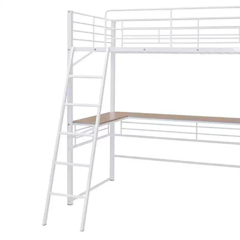 Letto a soppalco in metallo con scrivania e mensole per ragazzi, Struttura letto a soppalco alta con scrivania e contenitore