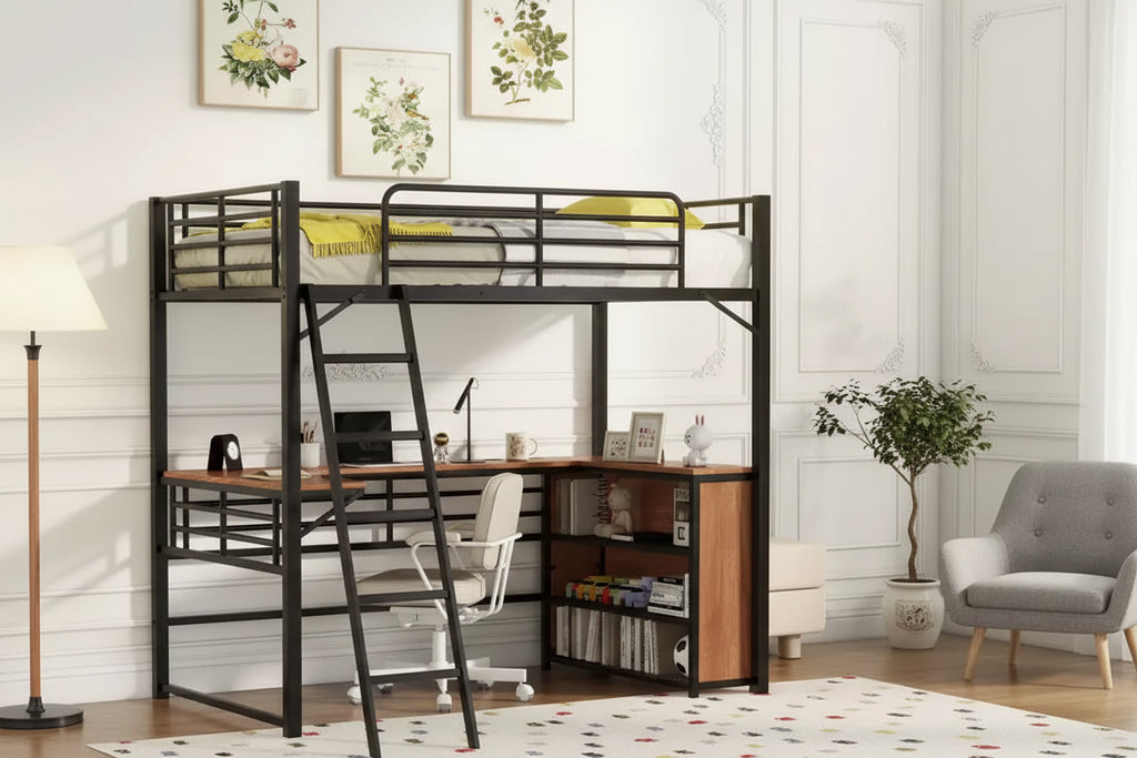 Metal Loft Bed with Desk and Shelves for Teens, High Loft Bed Frame with Desk and Storage