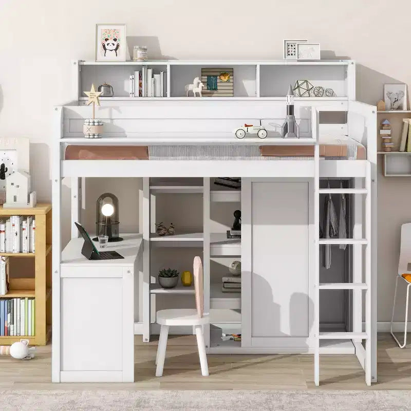Letto a soppalco singolo con mensole e armadio, letto a soppalco in legno con scrivania integrata e scala per bambini, ragazzi e adulti