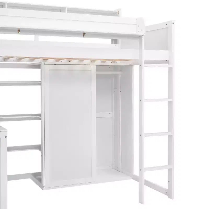 Letto a soppalco singolo con mensole e armadio, letto a soppalco in legno con scrivania integrata e scala per bambini, ragazzi e adulti