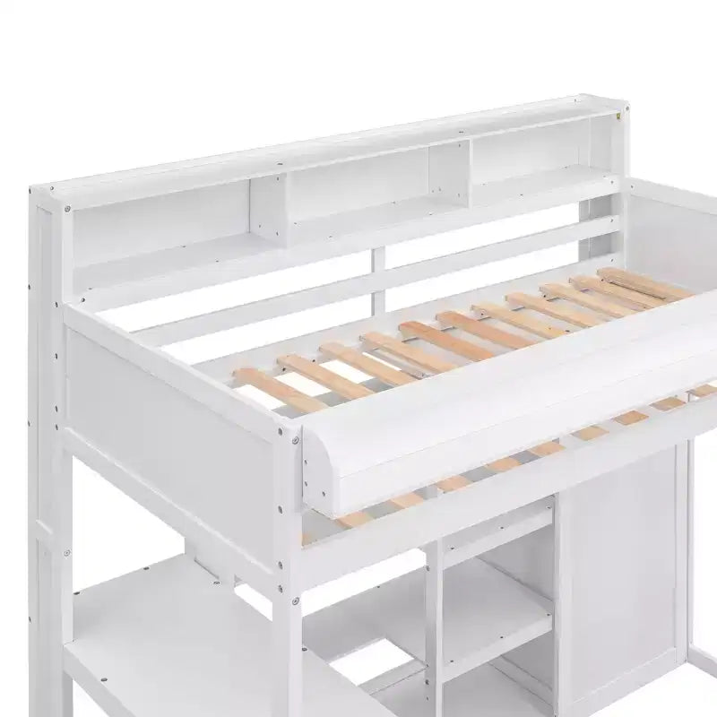 Letto a soppalco singolo con mensole e armadio, letto a soppalco in legno con scrivania integrata e scala per bambini, ragazzi e adulti