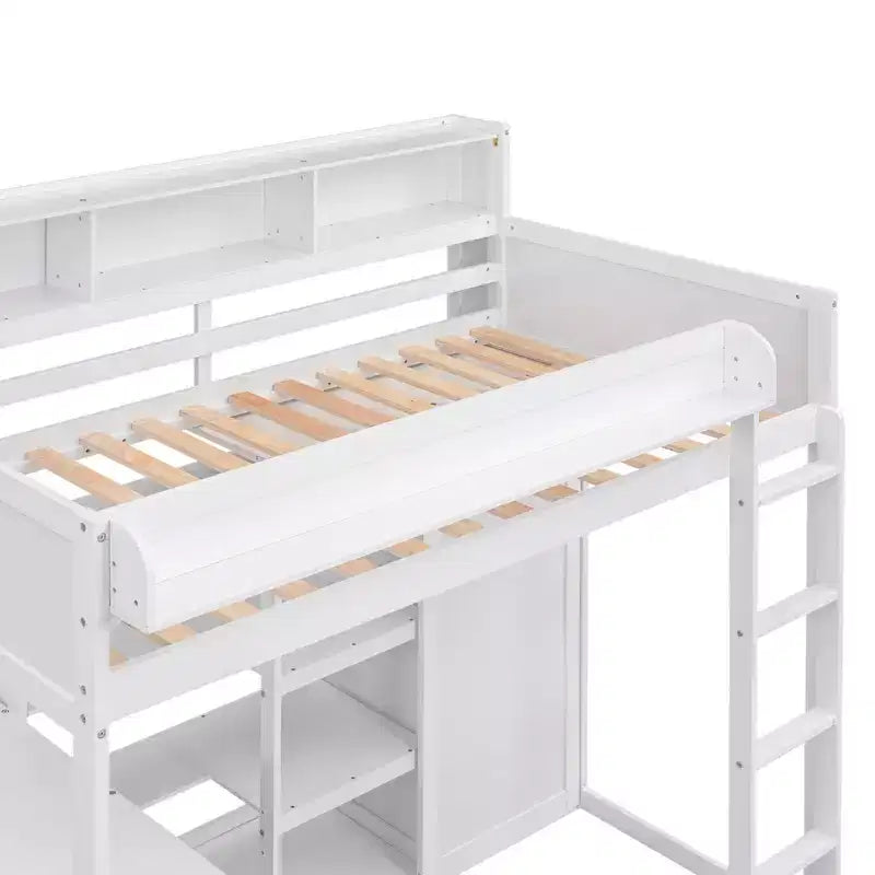 Letto a soppalco singolo con mensole e armadio, letto a soppalco in legno con scrivania integrata e scala per bambini, ragazzi e adulti