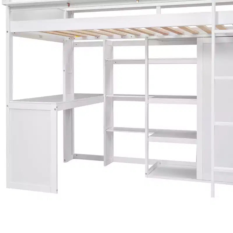 Letto a soppalco singolo con mensole e armadio, letto a soppalco in legno con scrivania integrata e scala per bambini, ragazzi e adulti