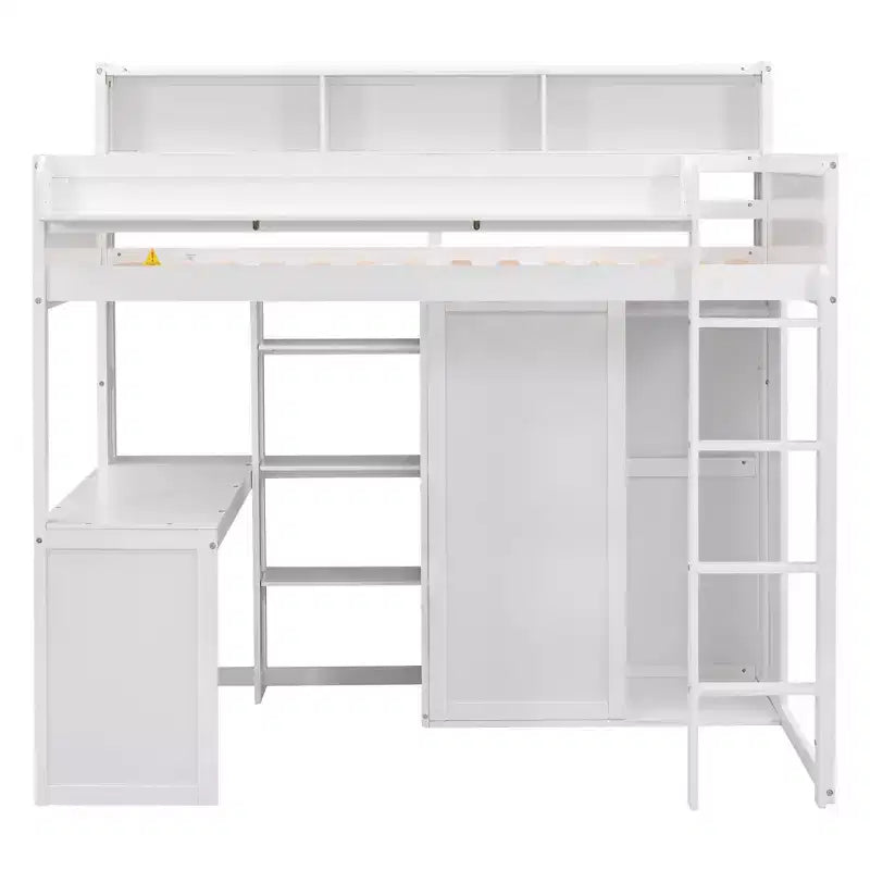 Letto a soppalco singolo con mensole e armadio, letto a soppalco in legno con scrivania integrata e scala per bambini, ragazzi e adulti