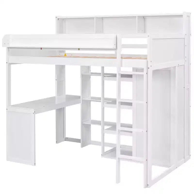 Letto a soppalco singolo con mensole e armadio, letto a soppalco in legno con scrivania integrata e scala per bambini, ragazzi e adulti